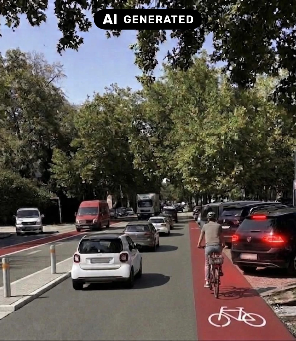 KI-generierte Visualisierung einer Straße mit rotem Radweg, Kraftfahrzeugverkehr und Mittelinsel